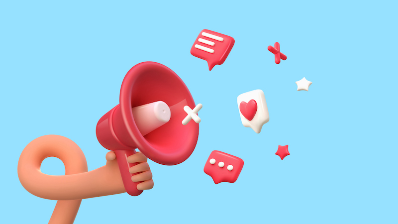 A colorful vector illustration of a cartoon arm holding a red megaphone, out of which social media likes, text convos, and the like are emanating like sounds.