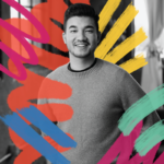 A black and white photo of Harrison Horblit is surrounded by colorful graphic imagery, while he smiles at the camera. Harrison specializes in managing UTM parameters.