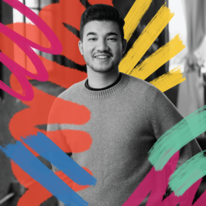 A black and white photo of Harrison Horblit is surrounded by colorful graphic imagery, while he smiles at the camera and explains UTM parameters.