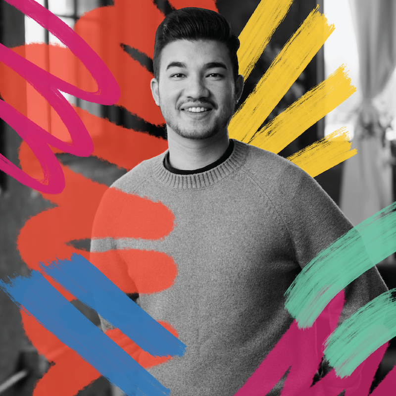 A black and white photo of Harrison Horblit is surrounded by colorful graphic imagery, while he smiles at the camera.