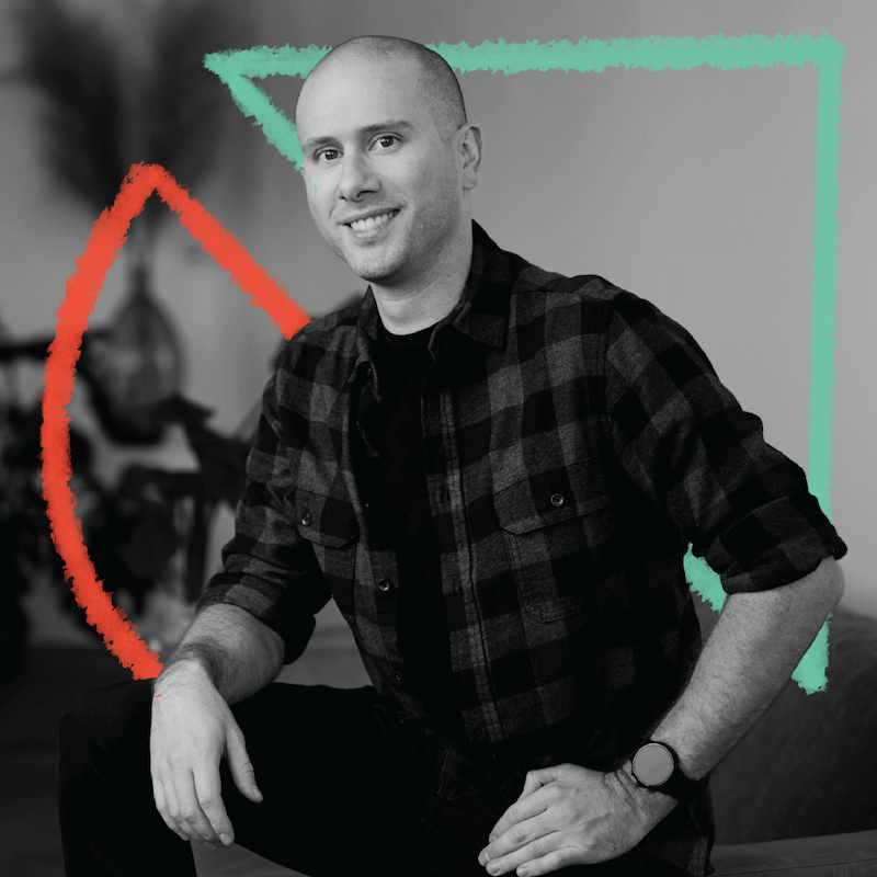 VP of Design, David Kerr, is pictured in black and white, seated, facing the camera. He is flanked by two colorful graphics — a red half circle and a teal triangle.