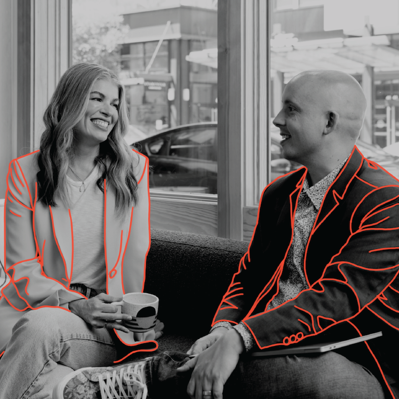Formada founders Meghan Kelly and Garrett Jackson are seated and facing each other, with Kelly on the left and Jackson on the right. They are shot in black and white, and the details of their jackets are outlined in a bold red graphic.