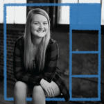VP of Content, Natalie Nygren, is shot in black and white, seated with her arms crossed on her lap. She is surrounded by an illustrated blue box, with four more blue boxes to her right.