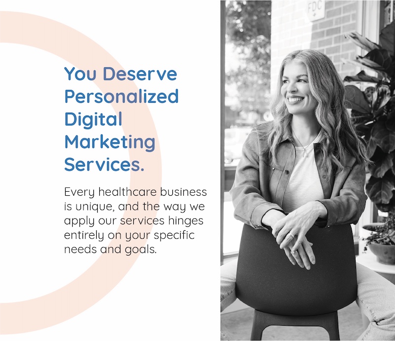 Meghan Kelly is photographed in black and white, seated in a chair while smiling at a message about digital marketing.