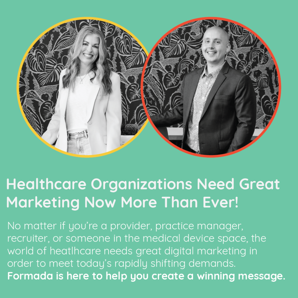Meghan Kelly and Garrett Jackson are photographed in black and white and featured side by side in circles, with a message about the importance of great healthcare marketing beneath them