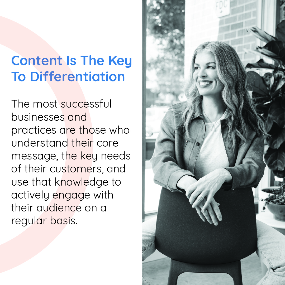Meghan Kelly is photographed in black and white, seated in a chair while smiling at a message about content strategy for healthcare businesses.