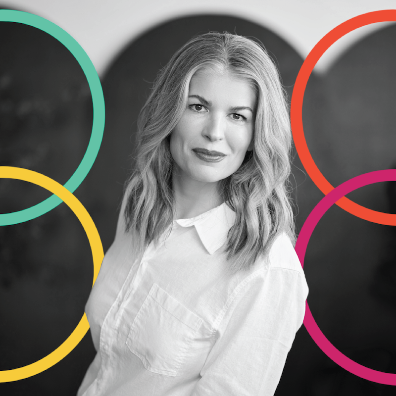 Formada Founder Meghan Kelly is pictured in black and white, shot from the waist up. She faces the camera while four colorful illustrated circles surround her.
