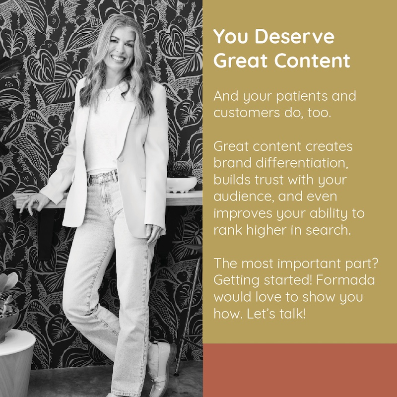 Meghan Kelly, shot in black and white, stands to the left of a block of copy discussing the importance of having great marketing content for your healthcare brand.