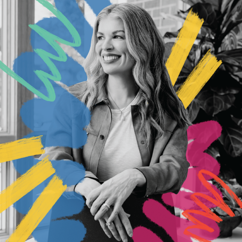 Formada Co-Founder, Meghan Kelly, is pictured in black and white, surrounded by a colorful illustrated design. She smiles to the left of the camera's view.