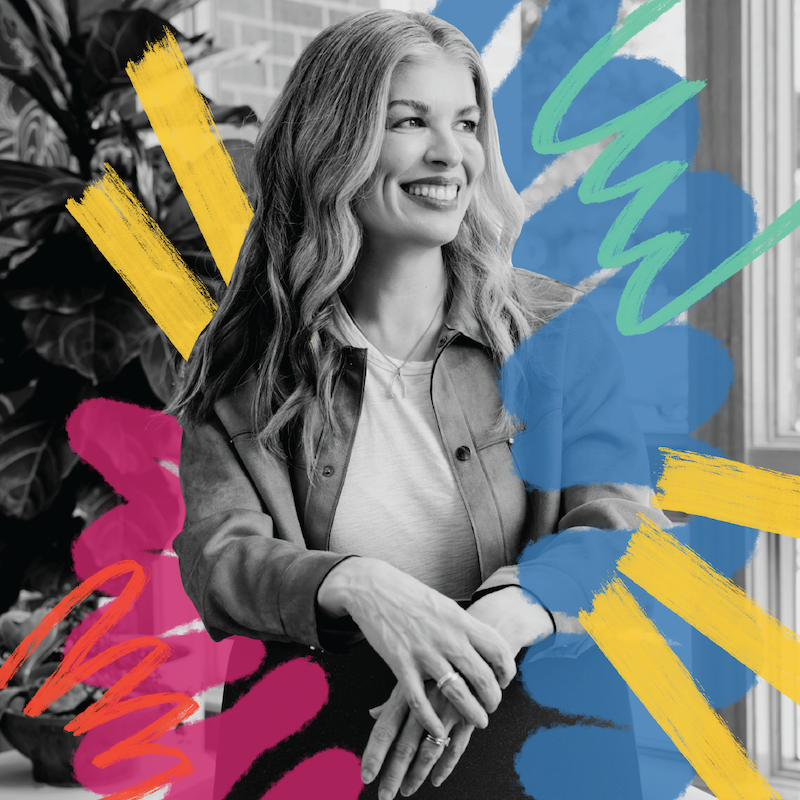 Formada founder Meghan Kelly is shot in black and white, seated, and surrounded by color illustrations for this blog about how to promote your clinic.
