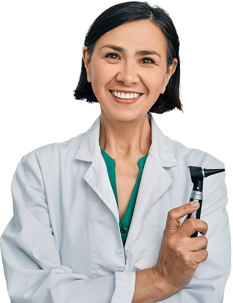 an audiologist holding an otoscope an audiologist holding an otoscope